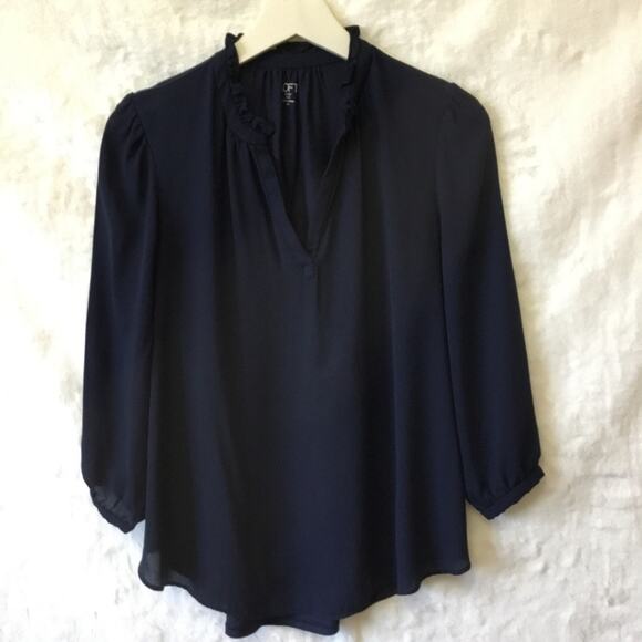 Loft Navy Ruffle Collar Blouse - Picture 1 of 8